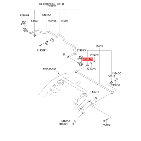 Сайлентблок тяги передней поперечной внутренний и наружный (задняя подвеска) 55630-3E000 Mobis - 556303E000 - схема с каталога 556303E000