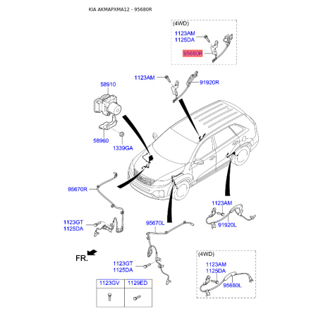 Датчик частоты вращения колеса (ABS) задний правый 95681-2W000 Mobis - 956812W000 - схема с каталога 95680R, AKMAPXMA12 956812W000
