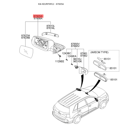 Зеркало наружное заднее левое 87610-2P410 Mobis - 876102P410 - схема с каталога 87605A, KEURPXM12 876102P410