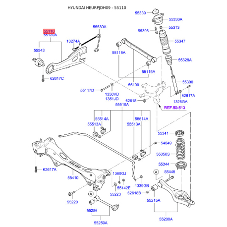 Тяга задньої підвіски поздовжня ліва 55270-2H000 Mobis - 552702H000 - схема з каталогу 55110, HEURPJDH09 552702H000