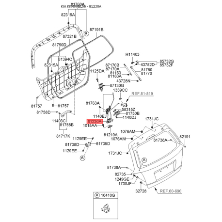Замок кришки багажника 81230-3E001 Mobis - 812303E001 - схема з каталогу 81230A, KKMAPBL06 812303E001