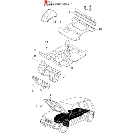 Рычаг заслонки отопителя (печки) 0K070-61A30 Mobis - 0K07061A30 - схема с каталога 8, USAKFM002A 0K07061A30