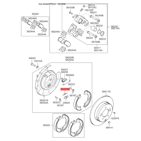 Пружина стяжная верхняя колодок стояночного тормоза нижняя 58269-2E000 Mobis - 582692E000 - схема с каталога 58255B, KKMAPTFE14 582692E000