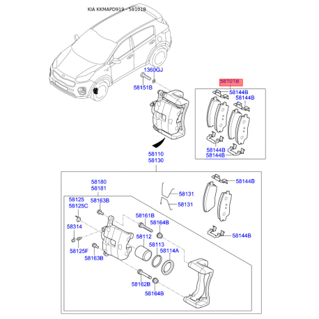 Колодки тормозные дисковые комплект 58101-D3A11 Mobis - 58101D3A11 - схема с каталога 58101B, KKMAPD919 58101D3A11