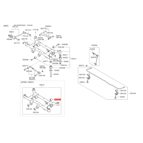 Сайлентблок заднего подрамника (задней балки) задний для редуктора 4WD 53912-2E400 Mobis - 539122E400 - схема с каталога 53912B 539122E400