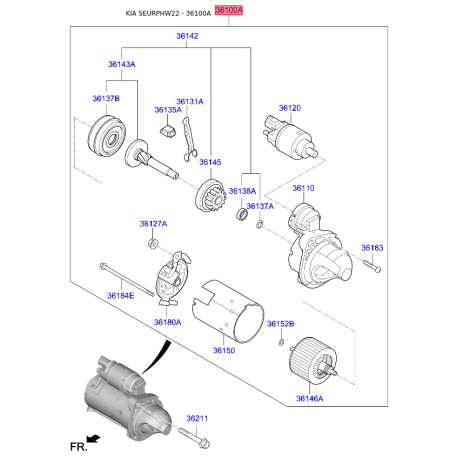Стартер 36100-2U100 Mobis - 361002U100 - схема з каталогу 36100A, SEURPHW22 361002U100