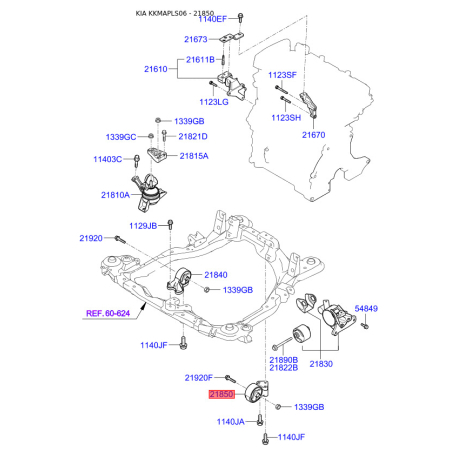Подушка двигуна задня 21930-2F400 Mobis - 219302F400 - схема з каталогу 21850, KKMAPLS06 219302F400