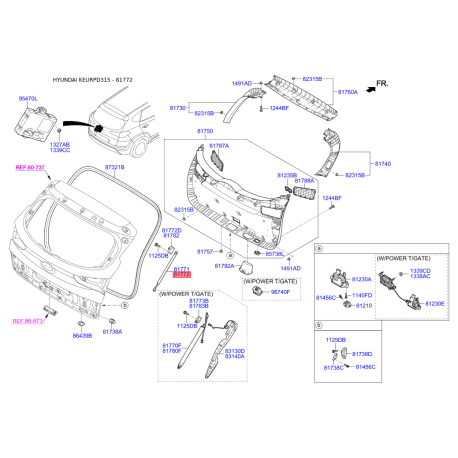 Пружина газова (упор) кришки багажника права 81781-D3000 Mobis - 81781D3000 - схема з каталогу 81772, KEURPD315 81781D3000