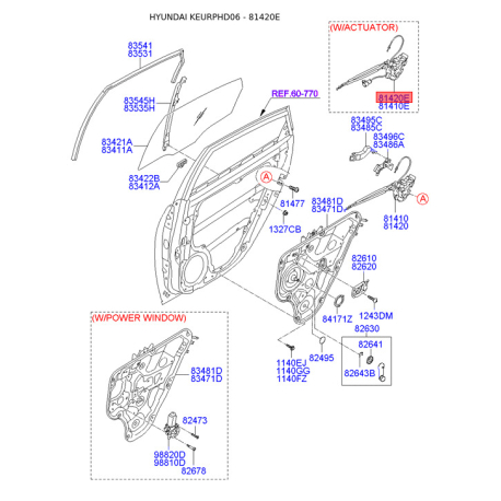 Замок двери правый 81420-2H010 Mobis - 814202H010 - схема с каталога 81420E, KEURPHD06 814202H010