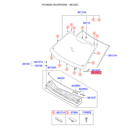 Молдинг (ущільнювач) лобового скла правий 86160-2H010 Mobis - 861602H010 - схема з каталогу 86160C, KEURPHD06 861602H010