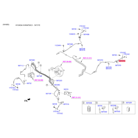 Шланг гальмівний лівий 58737-1R300 Mobis - 587371R300 - схема з каталогу 58737E, KHMAPSB15 587371R300