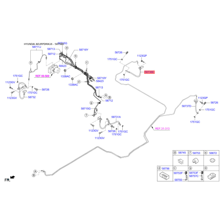 Шланг гальмівний правий 58738-2W000 Mobis - 587382W000 - схема з каталогу 58738E, AEURPDMA16 587382W000
