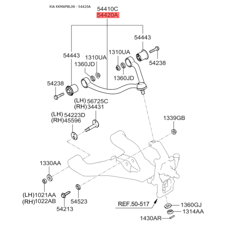 Важіль підвіски колеса правий верхній 54420-3E100 Mobis - 544203E100 - схема з каталогу 54420A, KKMAPBL06 544203E100