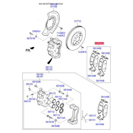 Колодки тормозные дисковые комплект 58101-C5A00 Mobis - 58101C5A00 - схема с каталога 58101B, KRUSPC515 58101C5A00