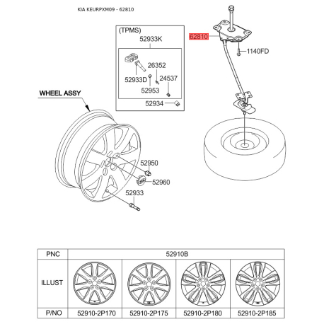 Держатель запасного колеса 62850-2P000 Mobis - 628502P000 - схема с каталога 62810, KEURPXM09 628502P000