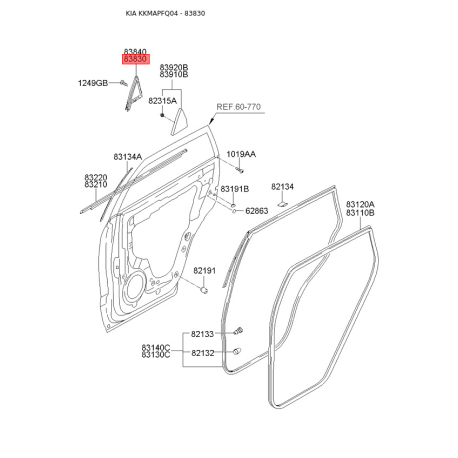 Уплотнитель (уплотнение) двери левый 83830-1F001 Mobis - 838301F001 - схема с каталога 83830, KKMAPFQ04 838301F001