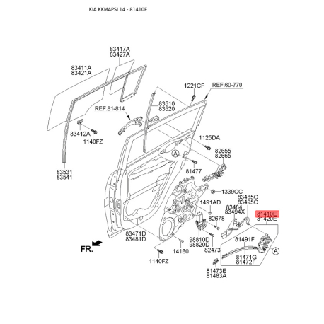 Замок двери левый 81410-3W000 Mobis - 814103W000 - схема с каталога 81410E, KKMAPSL14 814103W000