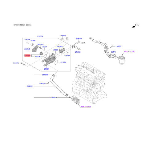 Термостат охлаждающей жидкости 25500-2GTA0 Mobis - 255002GTA0 - схема с каталога 25500A, KKMAPD919 255002GTA0