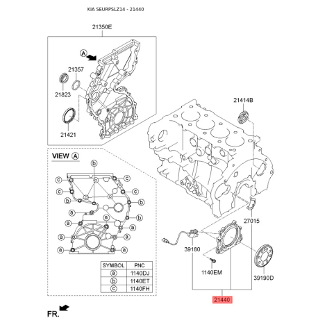Крышка коленвала задняя с манжетой и датчиком 21440-2F010 Mobis - 214402F010 - схема с каталога 21440, SEURPSLZ14 214402F010