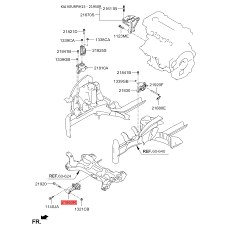 Подушка двигуна 21950-1W000 Mobis - 219501W000 - схема з каталогу 21950R, KEURPIH15 219501W000